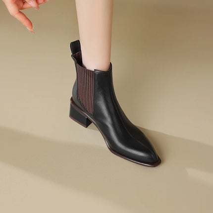 Bottines Chelsea en cuir véritable pour femme avec talon épais