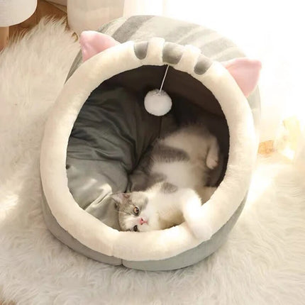 Cozy Semi-Closed Cat Bed - Soft Winter Pet House with Plush Cushion