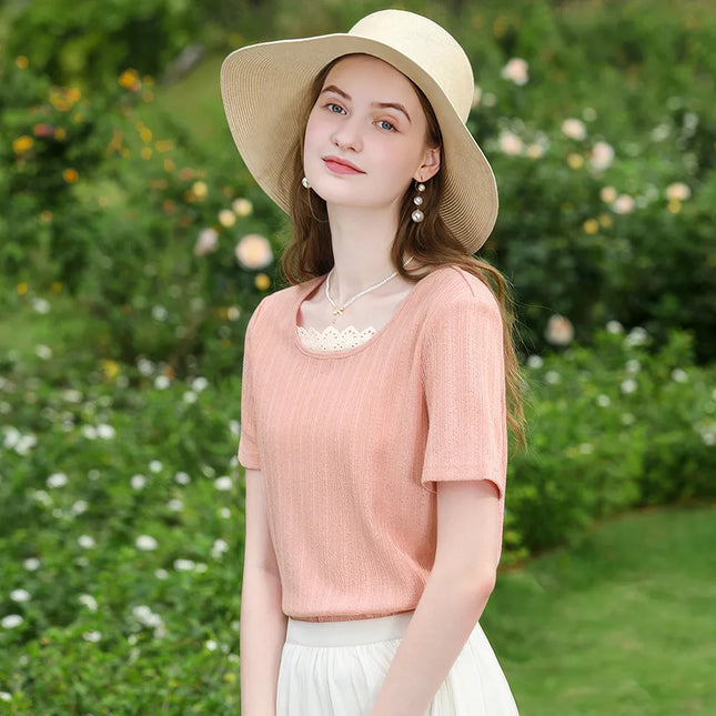 T-shirt à manches courtes pour femme avec bordure en dentelle