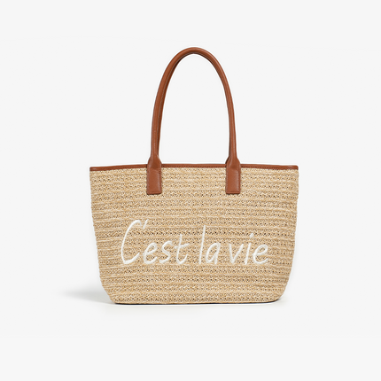 Bolso de mano informal de paja con decoración de letras para mujer