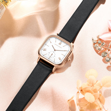 Elegante reloj cuadrado de oro rosa con correa de piel – Reloj de cuarzo resistente al agua de 3 barras