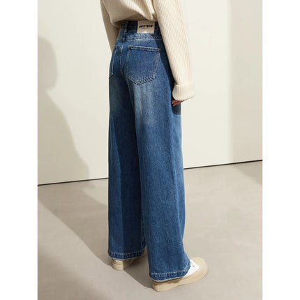 Jean ample décontracté vintage à jambes larges pour femmes - Pantalon plissé en coton d'automne