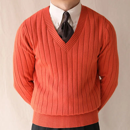 Men’s Winter Striped V-Neck Knit Sweater – Slim Fit Warm Pullover