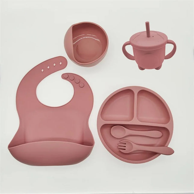 Ensemble d'alimentation en silicone pour bébé 6 pièces - Bol à ventouse, bavoir, tasse, fourchette, cuillère et assiette - Sans BPA