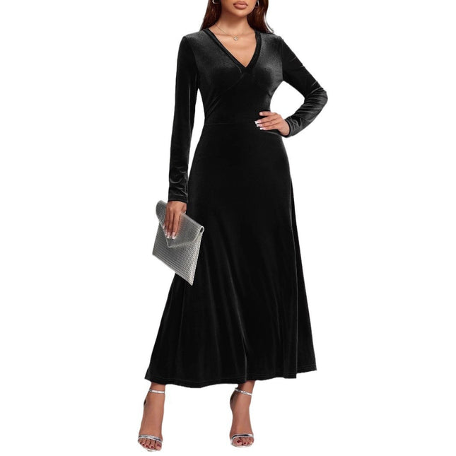 Robe de soirée plissée à manches longues et col en V