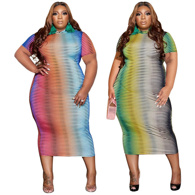 European And American New Round Neck Printed Short Sleeve Plus Size Women's Clothing Dress