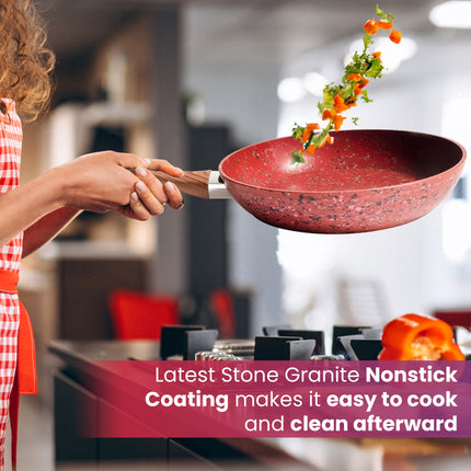 10 Inch Frying Pan With Special Lid - Deluxe Copper Granite Stone Coating - PFOA PFOS PTFE Free - Premium Nonstick Scratch Proof Coating - Comes With Special Lid, Red - Wnkrs