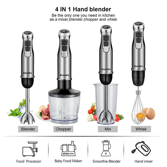 Batidora de mano de inmersión 4 en 1 de 1200 W con accesorios para picar y preparar batidos