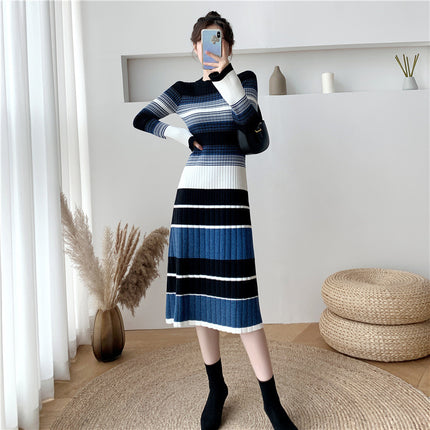 Elegant Striped Knitted Dress Women