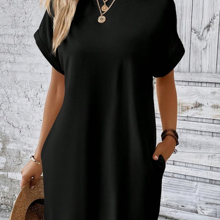 Loose Short Sleeve Dress With Pockets Summer Casual Solid Color Round Neck Straight Dresses Womens Clothing