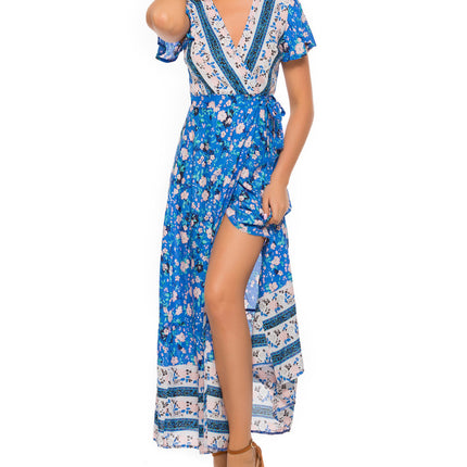 V-neck Split Bohemian Print Dress