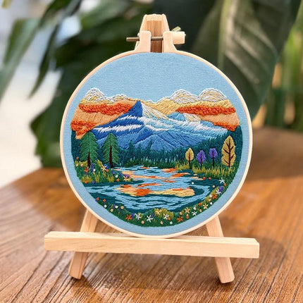 Kit de broderie de paysage DIY avec motif imprimé et cerceau en plastique