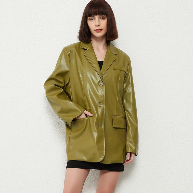 Manteau blazer en cuir - Vert vintage à simple boutonnage