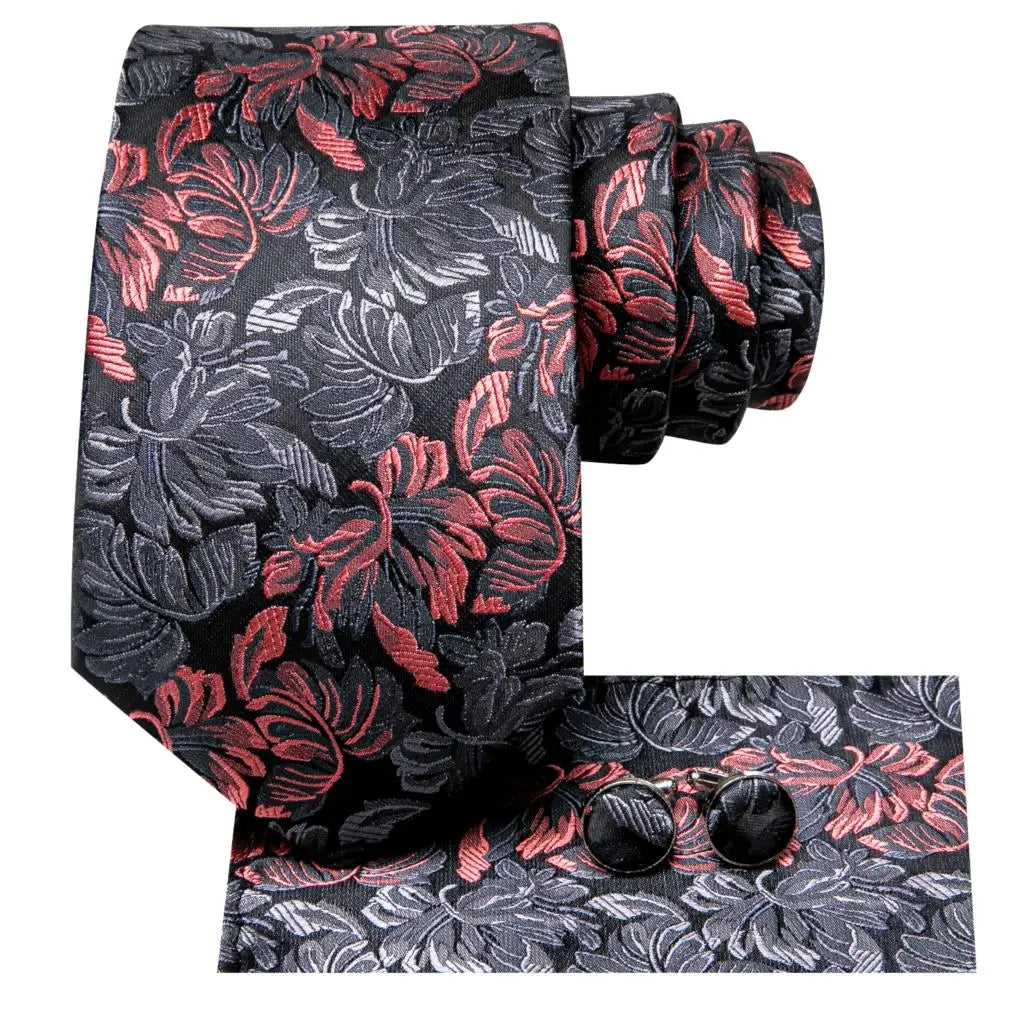 Black & Red Floral Silk Necktie Set