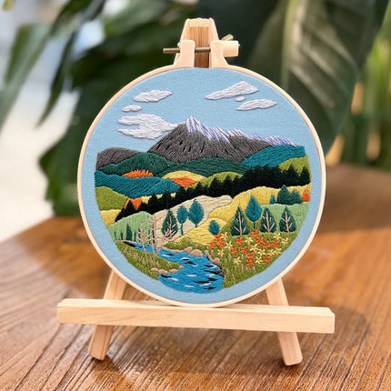 DIY Landscape Embroidery Kit with Printed Pattern and Plastic Hoop