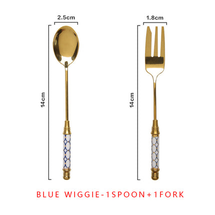 Elegant Vintage Gold and Ceramic Coffee Dessert Fork and Spoon Set