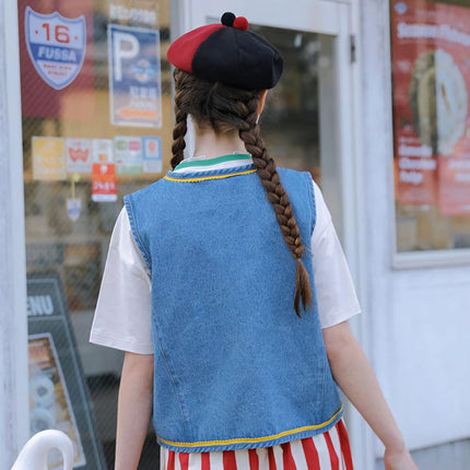 Veste sans manches en denim à motif de dessin animé pour adolescents