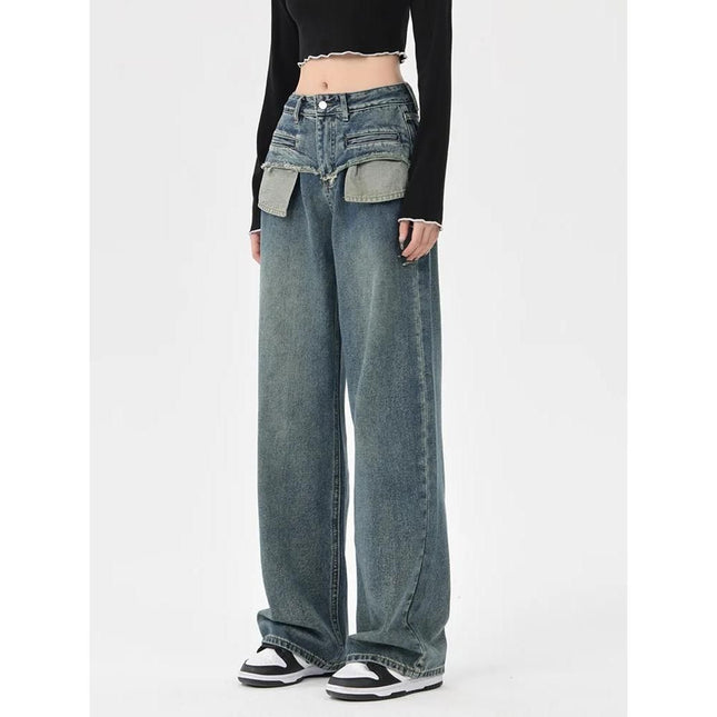 Jean droit taille haute chic vintage vieilli pour femme