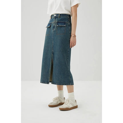 Vintage Washed Cotton Denim Skirt for Women