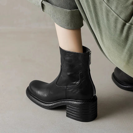 Bottines en cuir véritable pour femmes - Talons hauts, style moto court