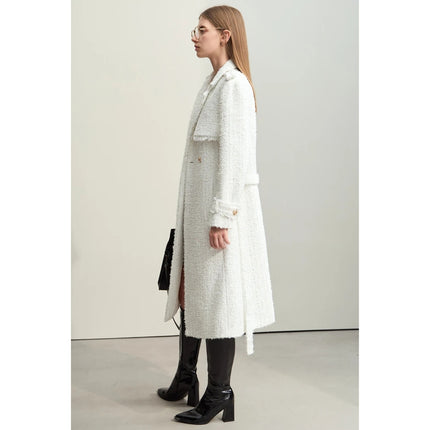 Manteau long en laine tweed élégant pour femme avec ceinture