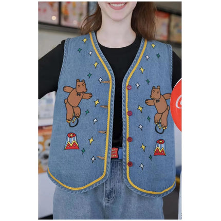 Veste sans manches en denim à motif de dessin animé pour adolescents