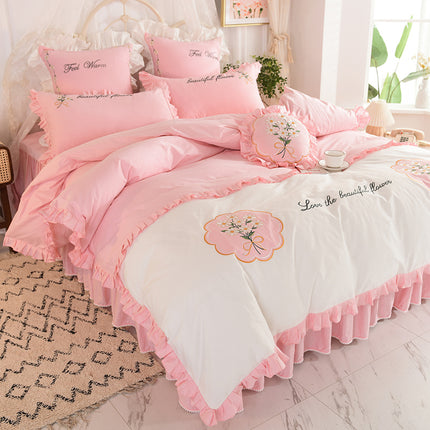 Summer Ruffled Cotton Four-piece Set Girl Heart Embroidery Flower Quilt Cover - Wnkrs