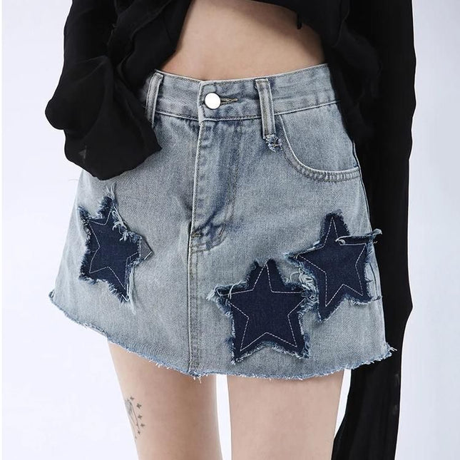 High Waist Star Patched Denim Mini Skirt