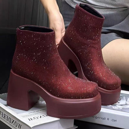 Bottines à talons épais et plateformes en strass étoilés