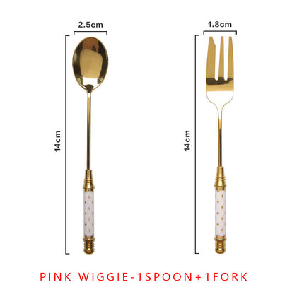 Elegant Vintage Gold and Ceramic Coffee Dessert Fork and Spoon Set