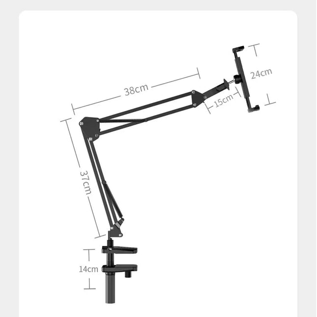 Soporte giratorio de 360° para tableta y teléfono con brazo largo y soporte ajustable