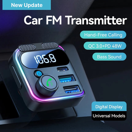 Adaptador transmisor FM Bluetooth 5.3 para coche con carga rápida de 48 W y llamadas manos libres