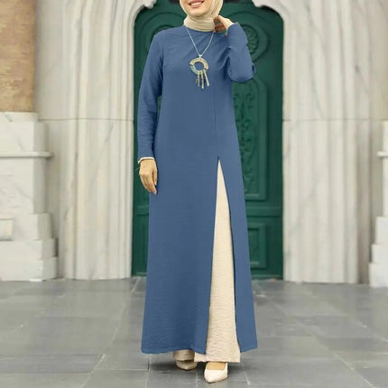 Robe en soie glacée froissée à manches longues et ourlet fendu haut pour femmes musulmanes