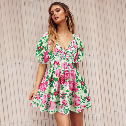 Robe à fleurs à col en V et manches lanternes Y2K, robes courtes de vacances d'été à la plage, vêtements pour femmes à la mode