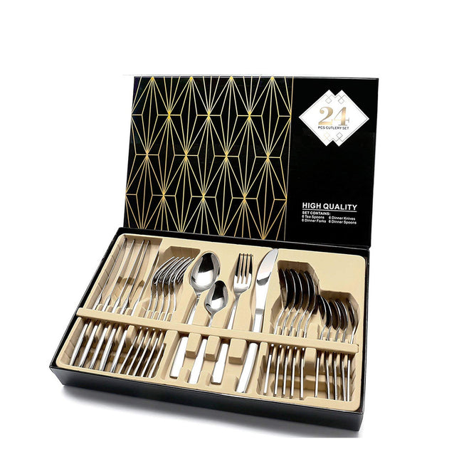 24 PCS Flatware Set Cutlery Dinnerware Spoon Knives Gift Box - Wnkrs