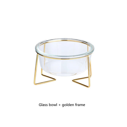 Elegante cuenco de cristal antideslizante para perros y gatos con soporte dorado