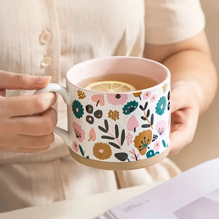 Tasse en céramique à fleurs peintes nordiques – Tasse à café, à thé et à petit-déjeuner de 400 ml