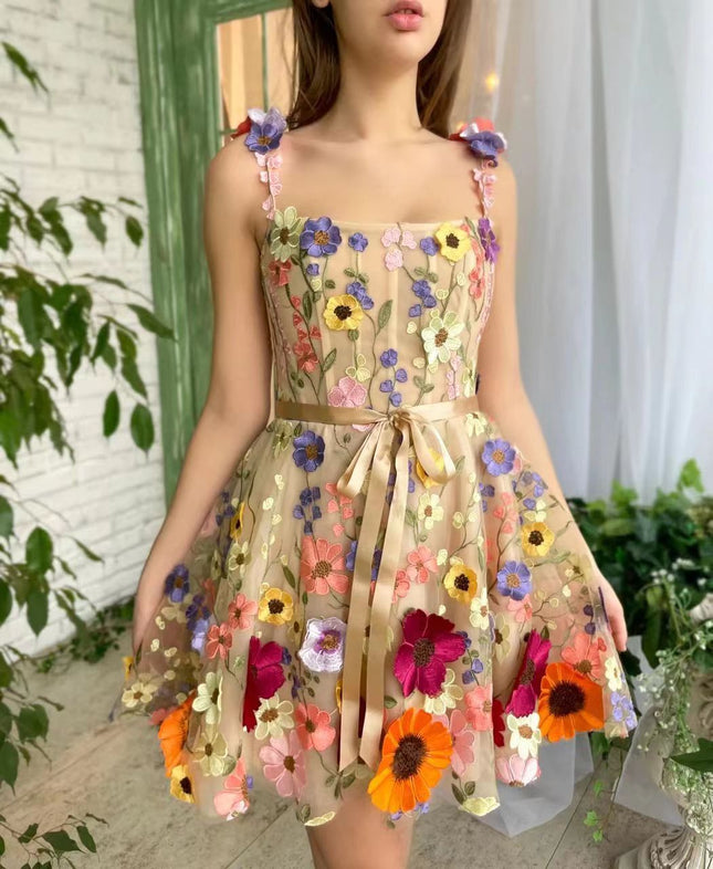 Three-dimensional Flower Embroidery Dress Summer Fashion Sweet A-line Suspender Dresses For Womens Clothing - Wnkrs