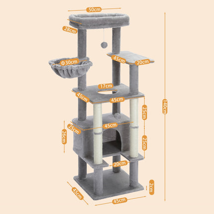 Arbre à chat à plusieurs niveaux avec cabane et griffoirs