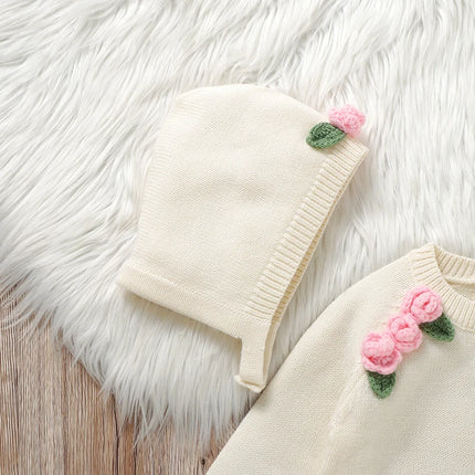 Body en tricot à manches longues pour nouveau-né fille avec chapeau floral 3D – Ensemble de 2 pièces