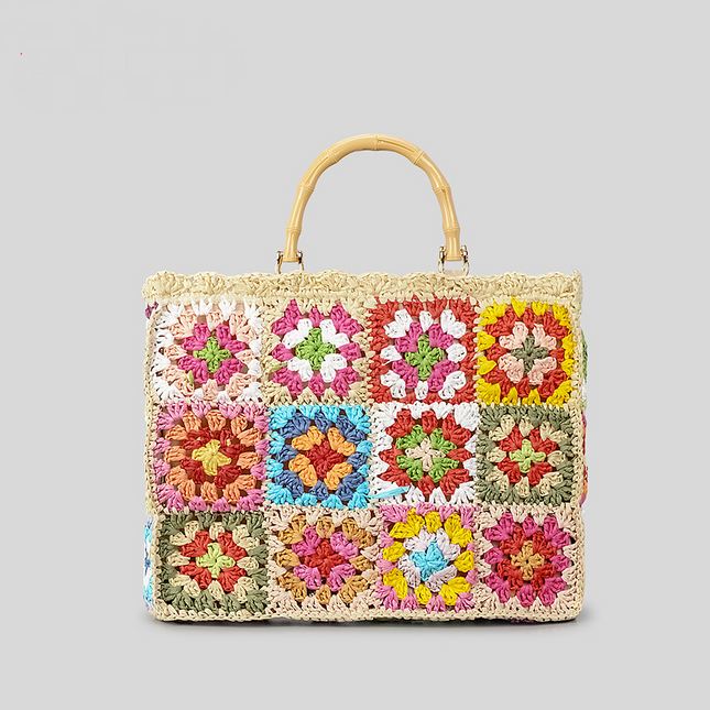 Sac fourre-tout à motif floral bohème avec poignées en bambou