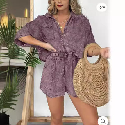 Ensemble 2 pièces en jean ample pour femme, chemise décontractée à manches chauve-souris et short à cordon de serrage avec poches