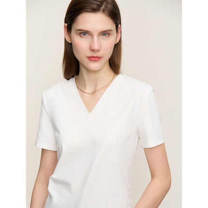 T-shirt col en V brodé minimaliste pour femme