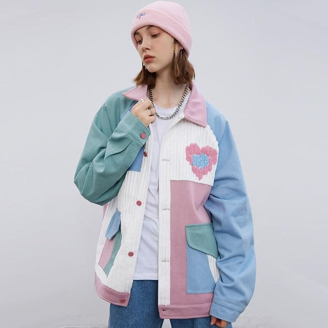 Chaqueta con parches de corazón estilo hip hop
