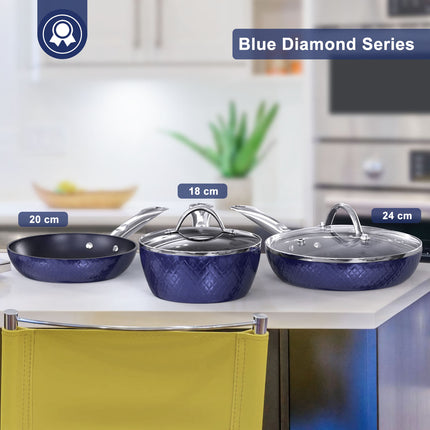 Frying Pan Sets Non Stick 3Pieces Blue 3D Diamond Cookware - Wnkrs