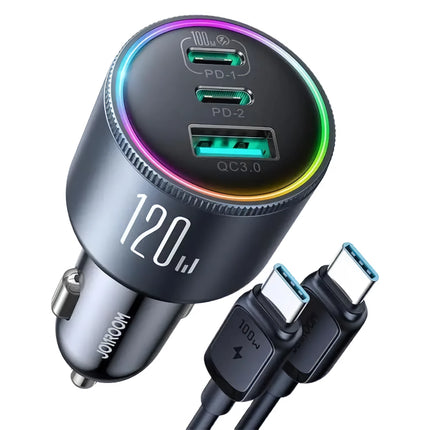 Cargador de coche USB-C de 120 W: carga rápida de 3 puertos para varios dispositivos (PD y QC 3.0)