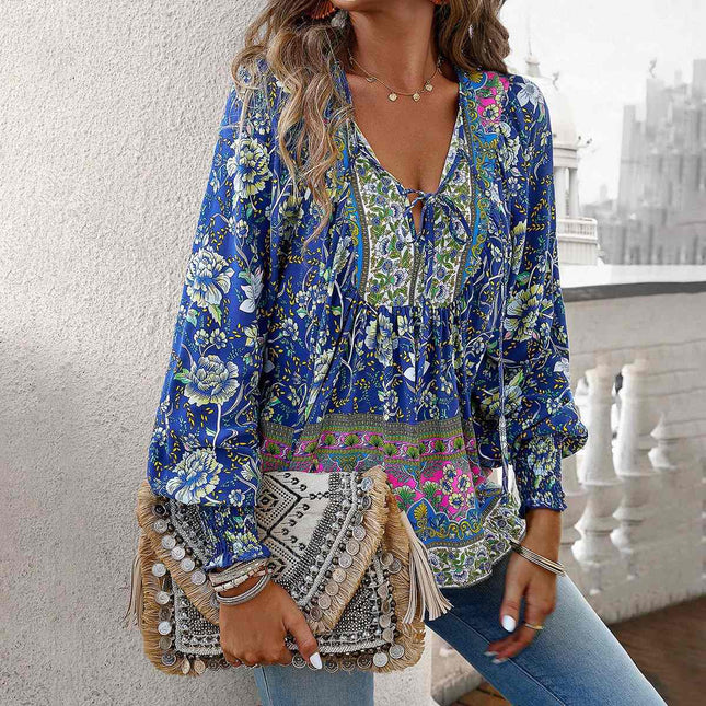 Blusa de manga larga con escote en V estilo bohemio para mujer