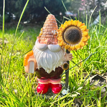 Adorable estatua de resina de gnomo con forma de girasol