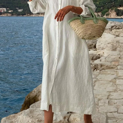 Robe chemise ample à manches longues et col rabattu, simple et assortie