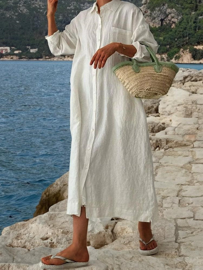 Robe chemise ample à manches longues et col rabattu, simple et assortie